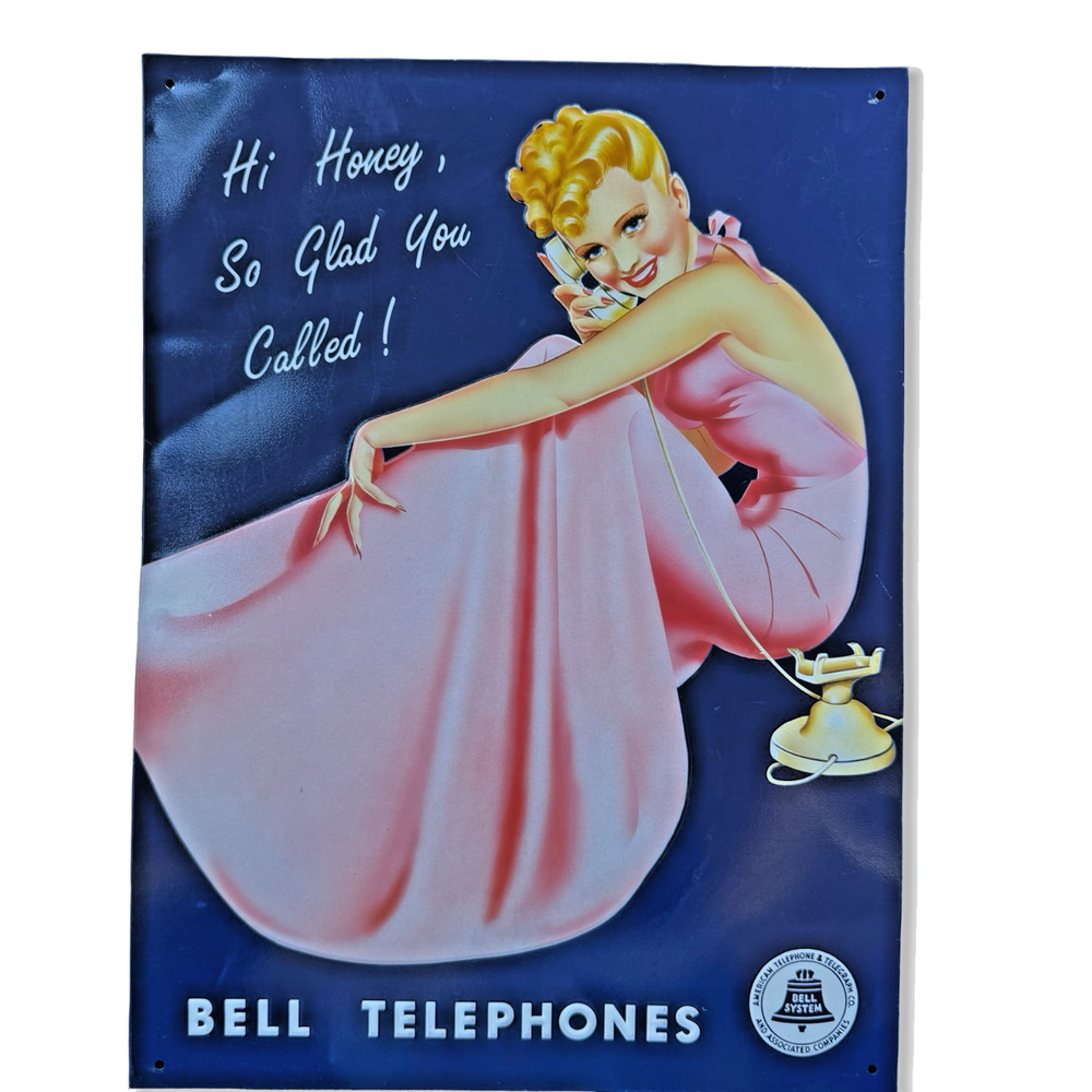 Vintage Bell Telephones Tin Sign 1993 Great Britain Pin-Up Phone Art EUC